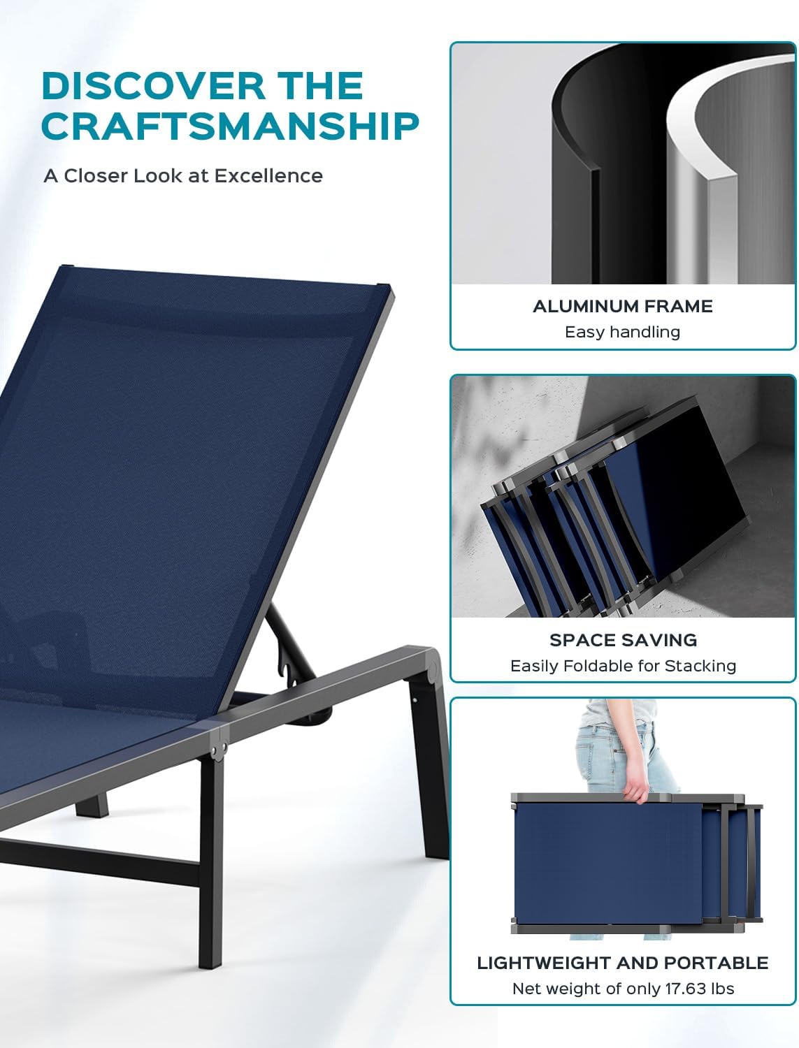 Patio Chaise Lounge Chair, Foldable Lounge Chair for Outside, Aluminum Chairs Set of 2 with 5 Adjustable Backrest, Outdoor Pool Lounger for Poolside, Lawn, Deck, Navy Blue