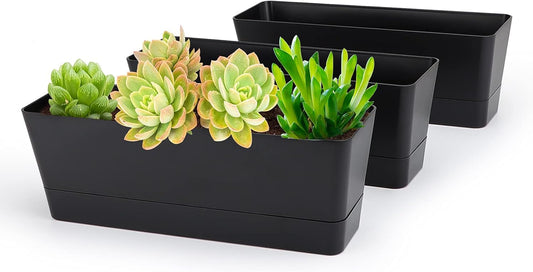 GREANER Black Rectangle Window Boxes, 3 Pack 12x3.8 Inch Herb Planters with Tray, Indoor Succulent Cactus Mint Plastic Pot for Windowsill, Garden Balcony, Office Outdoor Decoration