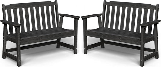 Outdoor Bench, 2-Person HDPE Garden Bench, All Weather Poly Patio Bench for Outdoors, Garden, Backyard, Porch and Park, 660 lbs Weight Capacity, Black, 2 Pack