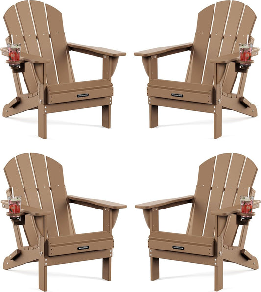MUCHENGHY Folding Adirondack Chairs 4 Pack, Patio Chairs, Lawn Chairs, Outdoor Chairs, Adirondack Chair Plastic, Fire Pit Chairs, Weather Resistant with Cup Holder for Deck, Backyard, Garden(Teak)