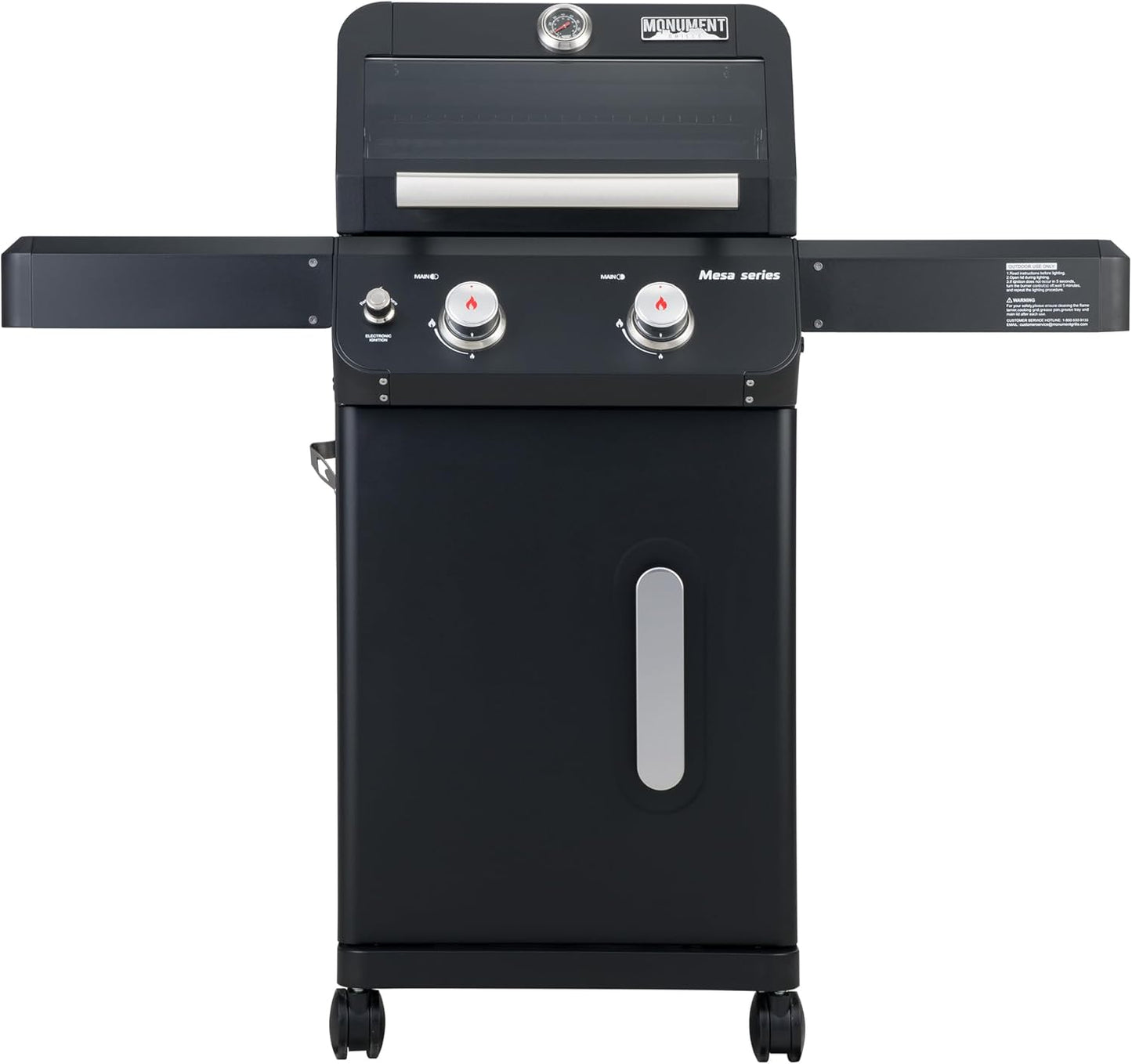 Monument Grills 2-Burner Stainless Steel Liquid Propane Gas Grill, Two Foldable Shelves Patio Garden Barbecue Grill with Clearview® Lid, Knob Control Mesa220, Black