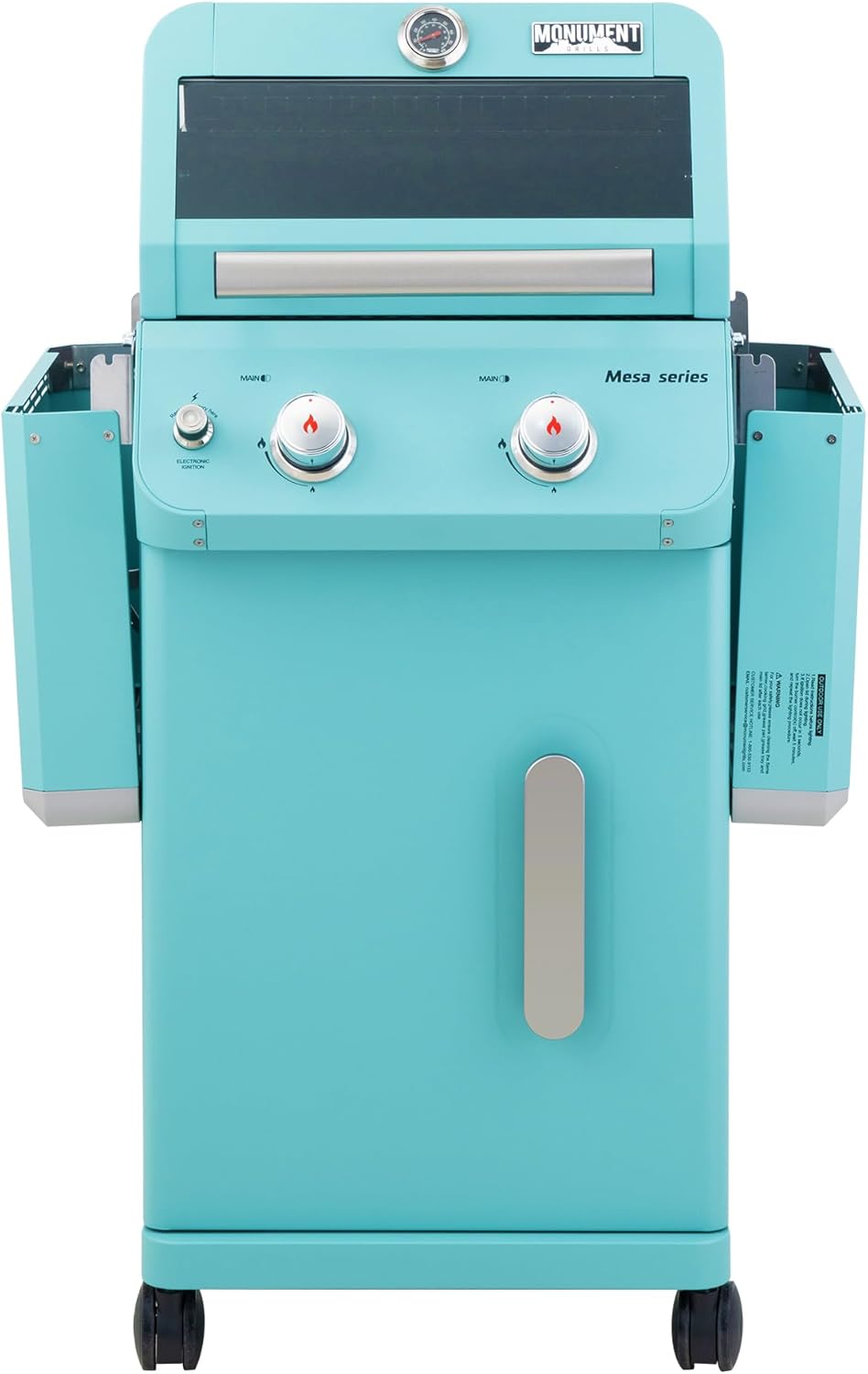 Monument Grills 2-Burner Stainless Steel Liquid Propane Gas Patio Garden Barbecue Grill with Clearview® Lid, Knob Control and Two Foldable Shelves Mesa200G with BBQ Cover, Green