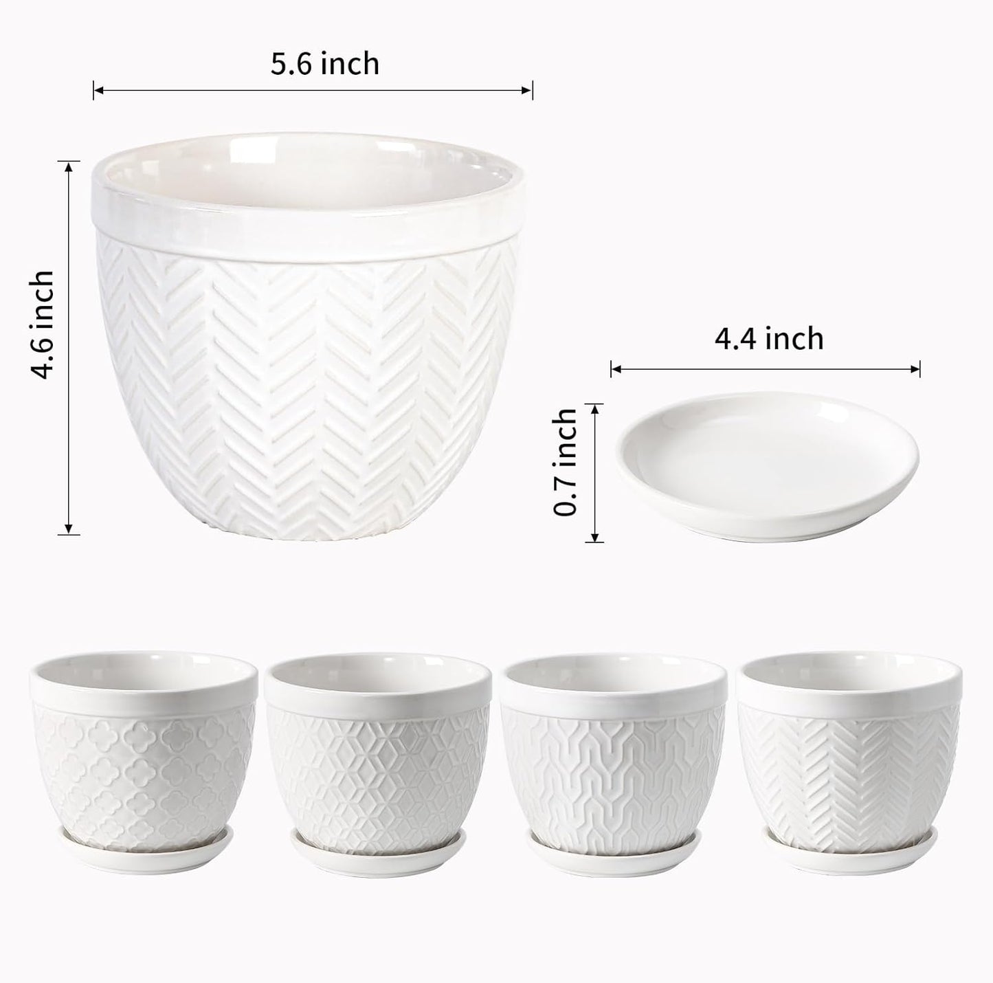 Sureasy Ceramic Indoor Plant Pots - 5.6 Inch Flower Pots for Plants with Drainage Hole and Saucer, Embossed Planter for Succulents, Orchid, Cactus, Indoor Home Decor, Set of 4, White