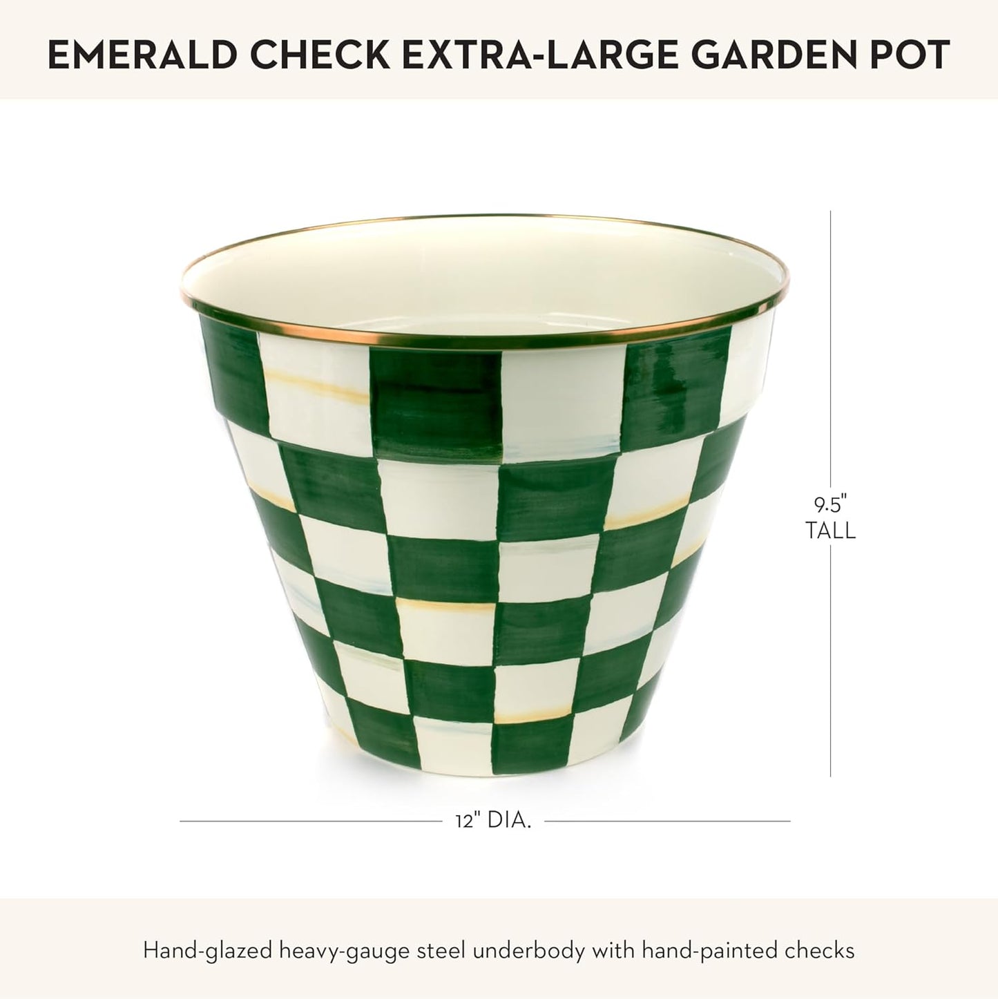 MACKENZIE-CHILDS Enamel Garden Pot, Decorative Pot for Plants, Outdoor Flowerpot Decor, Extra Large, Green-and-White Emerald Check