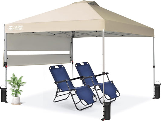 CROWN SHADES 10x10 Pop up Canopy Tent, Instant Commercial Canopy with Extend Awning, Patended Centerlock, 150D Silver Coated Fabric, 4 Ropes, 8 Stakes, 4 Weight Bags, STO 'N Go Bag, Khaki