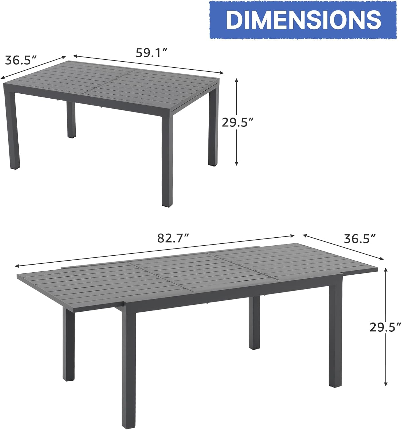 Soleil Jardin Aluminum Patio Extendable Dining Table, 59" - 83", Adjustable Indoor Outdoor Furniture Rectangle Table for 6-8 Person Porch Deck Garden, Dark-Grey