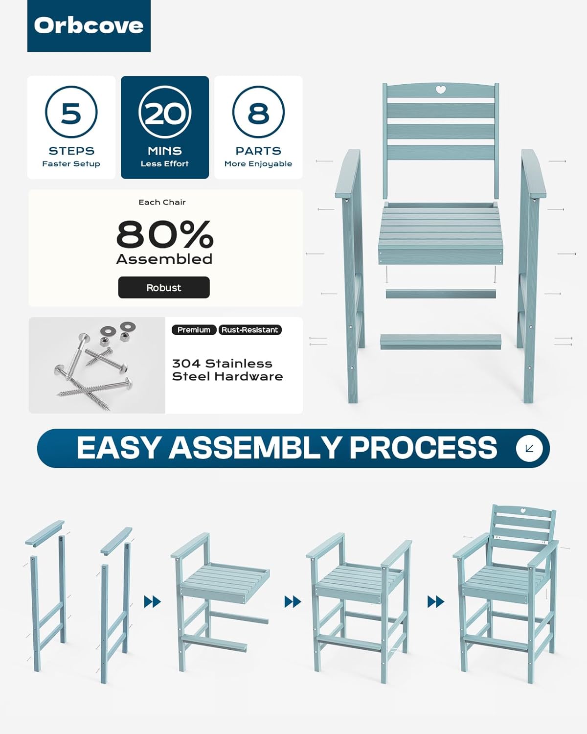 Tall Adirondack Chairs Set of 4, HDPE Wood Balcony Adirondack Chairs Set with Heart Cutout Design, Weather-Resistant Bar Height Furniture for Deck, Porch, Pool (Light Blue)