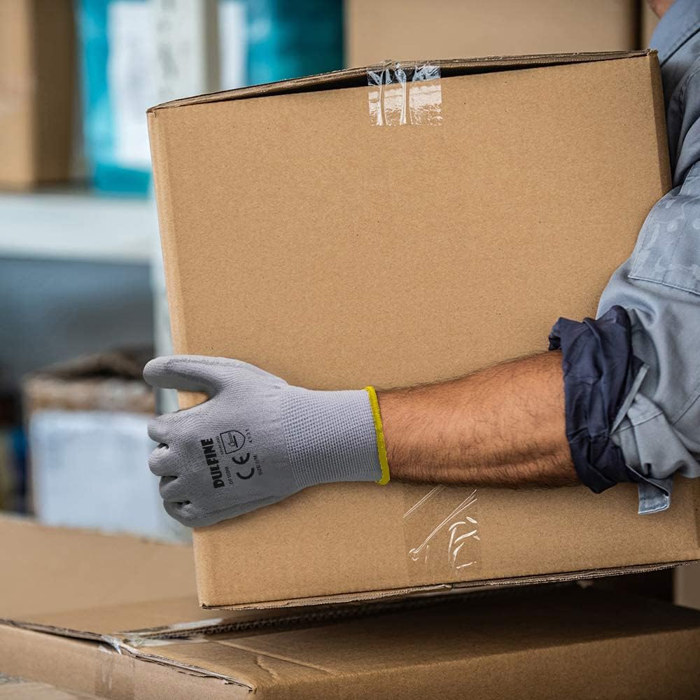 DULFINE Safety Work Gloves PU Coated-12 Pairs,Grey Seamless Knit Glove with Polyurethane Coated Smooth Grip on Palm & Fingers, for Men and Women, Ideal for General Duty Work (Large)