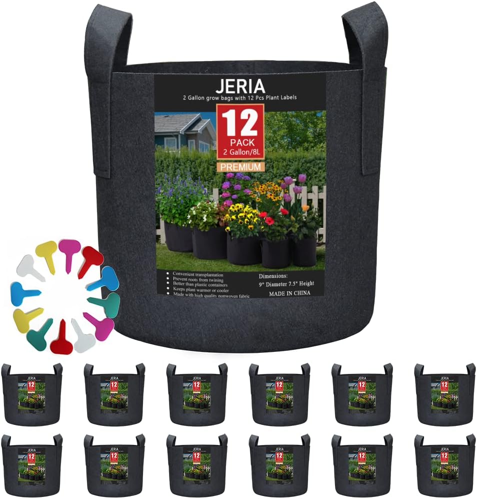 JERIA 12-Pack 2 Gallon, Vegetable/Flower/Plant Grow Bags, Aeration Fabric Pots with Handles (Black), Come with 12 Pcs Plant Labels