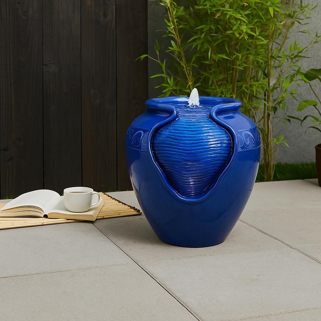 Teamson Home Outdoor Water Fountain, Glazed Pot Ceramic Look with LED Lights & Pump, Royal Blue, 16.93” Patio Garden Water Feature, Cascading Zen Fountain for Backyard, Porch, Deck, Home Decor