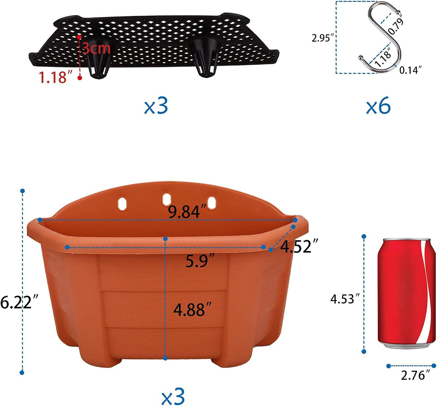summer flower 3 Pack 9.84” Wall Hanging Planters, Railing Hanging Planters for Fence Balcony Garden Outdoor Decor, Plastic Flower Pot for Window Plant Holder (Terracotta Red)