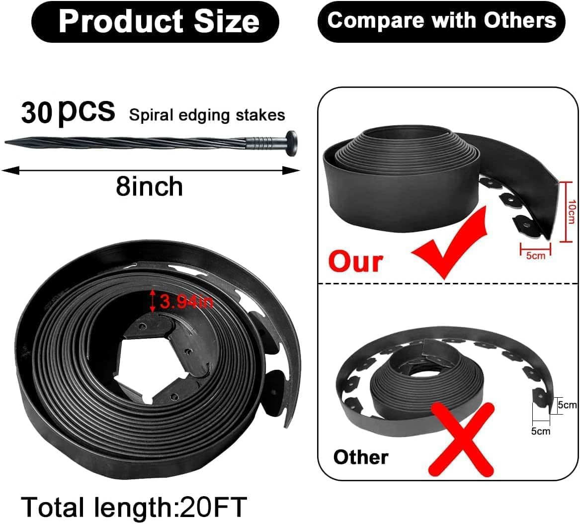 Garden Edging Borders 20FT,Landscape Edging Black[Extra Tall 4IN High] with 30pcs Plastic Stakes, Lawn Edging Flexible DIY Fence for Landscaping,Flower Bed,Grass,Gravel,Tree Surrounding