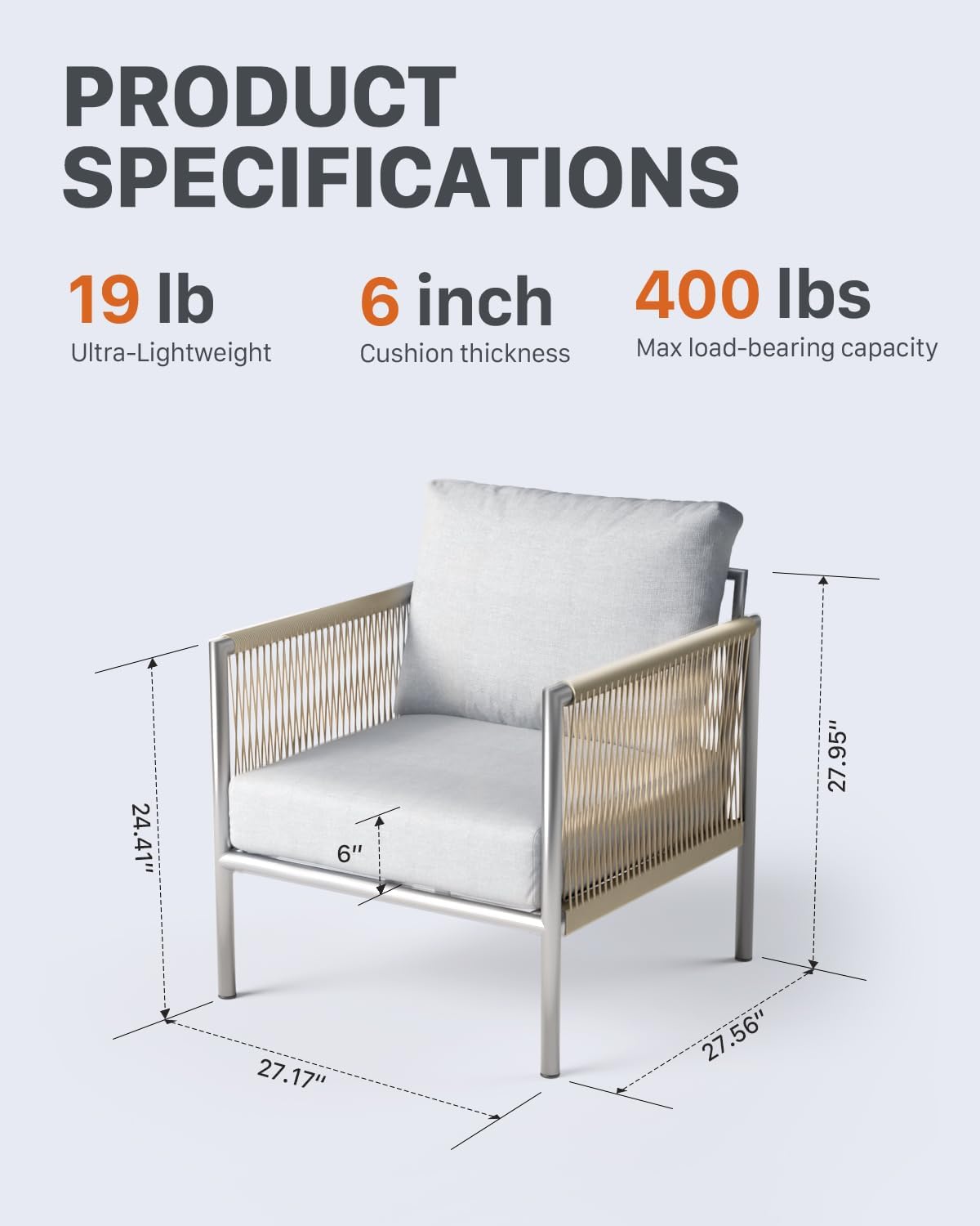 ZANDOR Aluminum Outdoor Patio Furniture 2 Pcs Armchair, All-Weather Metal Modern Outside Furniture with Washable Thick Cushion, HDPE Woven Rope Rattan Bistro Sofa Chair, Garden/Backyard/Porch, Silver