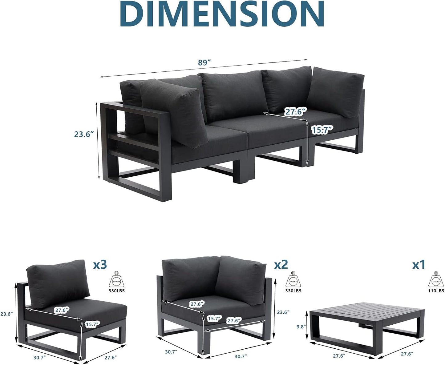 6 Pieces Outdoor Modular Sectional Set Aluminum Patio Conversation Sofa Sets with Armless Sofas, Square Coffee Table, Dark Grey Cushions