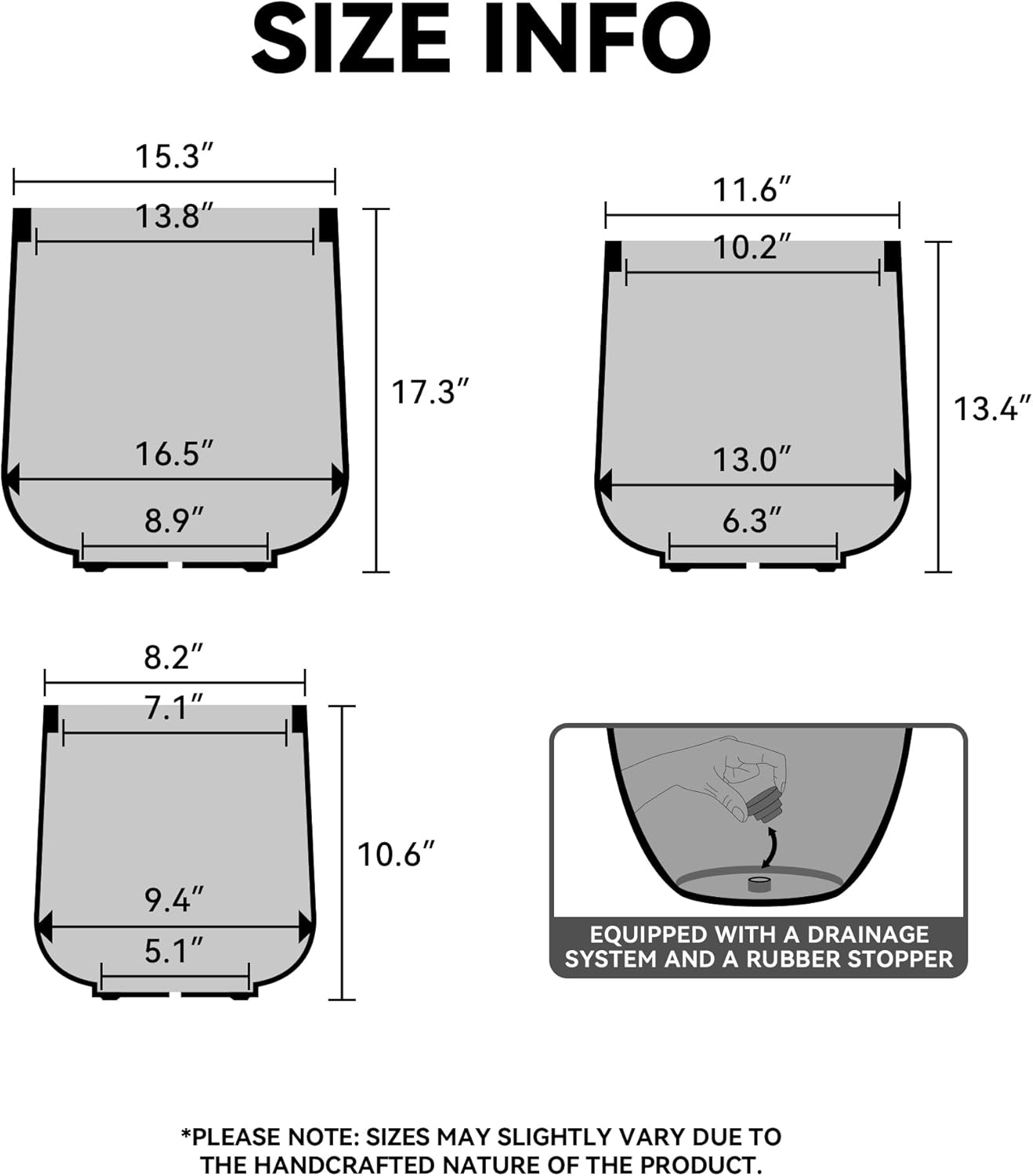 Kante 15.3" Dia Round Concrete Planter, Outdoor Indoor Large Plant Pots Containers with Drainage Hole and Rubber Plug for Home Garden Patio, Black