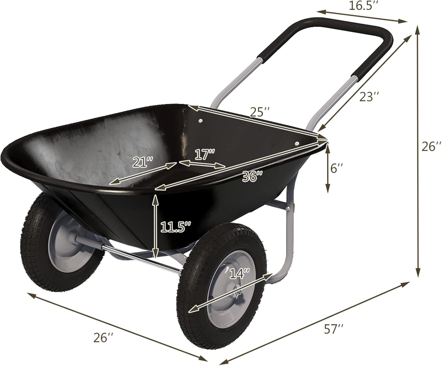 ARNOT Enlarged 2-Wheel Wheelbarrow, Easy Loading and Dumping Garden Cart, Heavy Duty Utility Dump Cart for Outdoor Lawn Yard Farm Ranch, Black