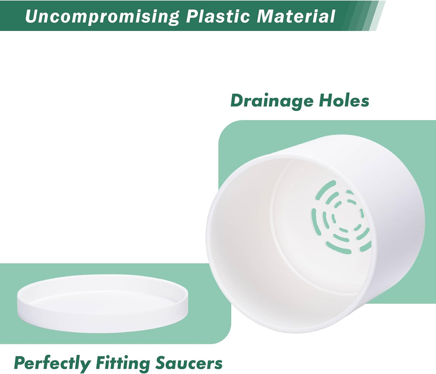 D'vine Dev 6 Pack 5 Inch Modern Plastic Plant Pots, Small Garden Planters for Plant with Drainage Holes and Saucers, White Color, 74-Z-G-3