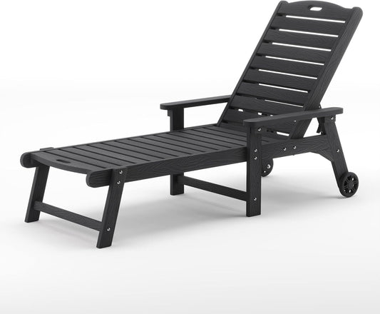 LUE BONA Outdoor Chaise Lounge, 79'' Oversized HDPS Chaise Lounger, 5 Positions Adjustable Lounge Chairs, Pool Lounge Chair with Wheels for Poolside, Backyard, 3 Year Warranty, Black
