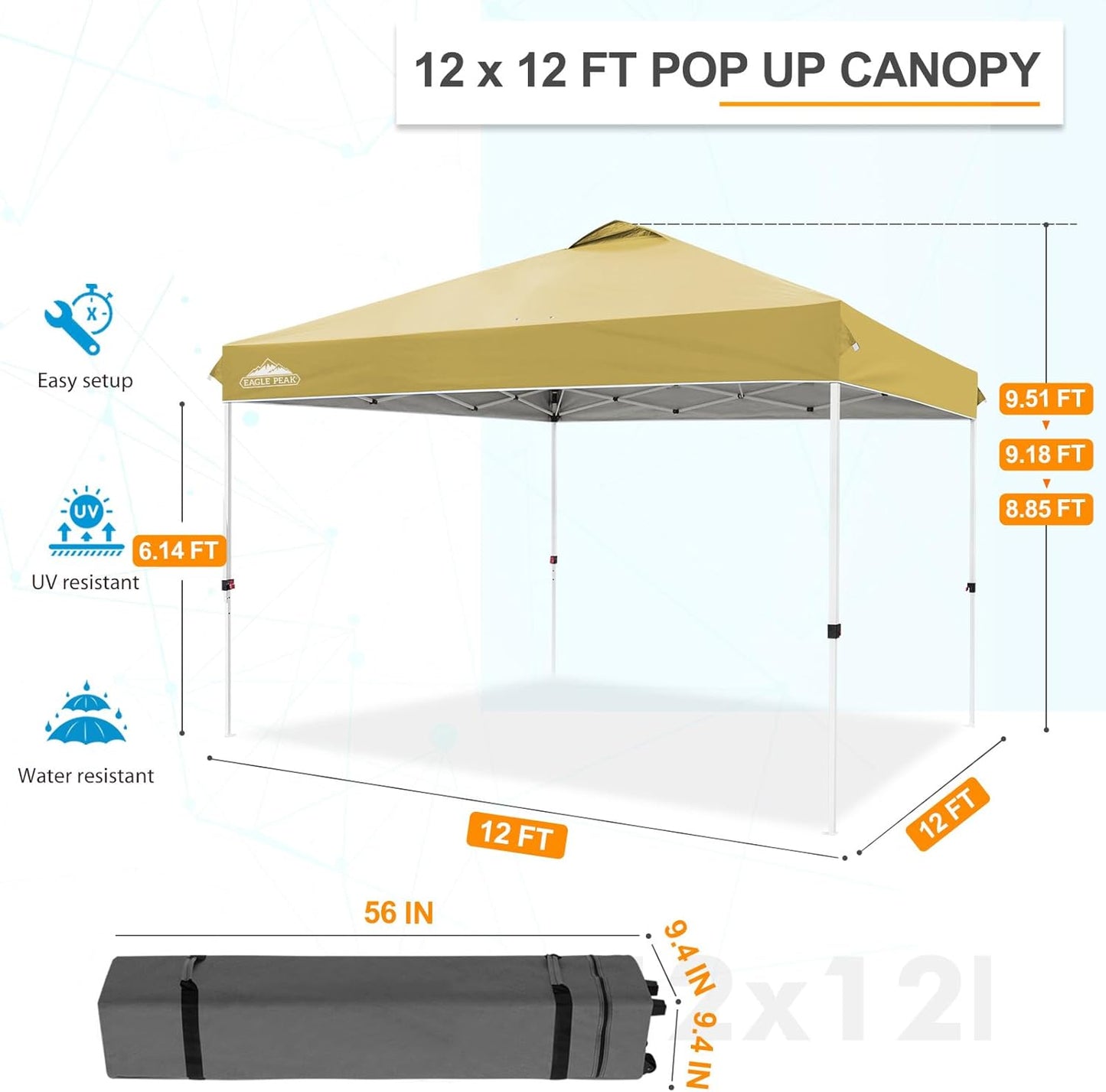 EAGLE PEAK Pop Up Canopy Tent with Wheeled Carry Bag, 8 Stakes, 4 Ropes, 4 Weight Bags, Easy Set Up Tent Canopy, 12x12 ft, 144sqft of Shade, Beige