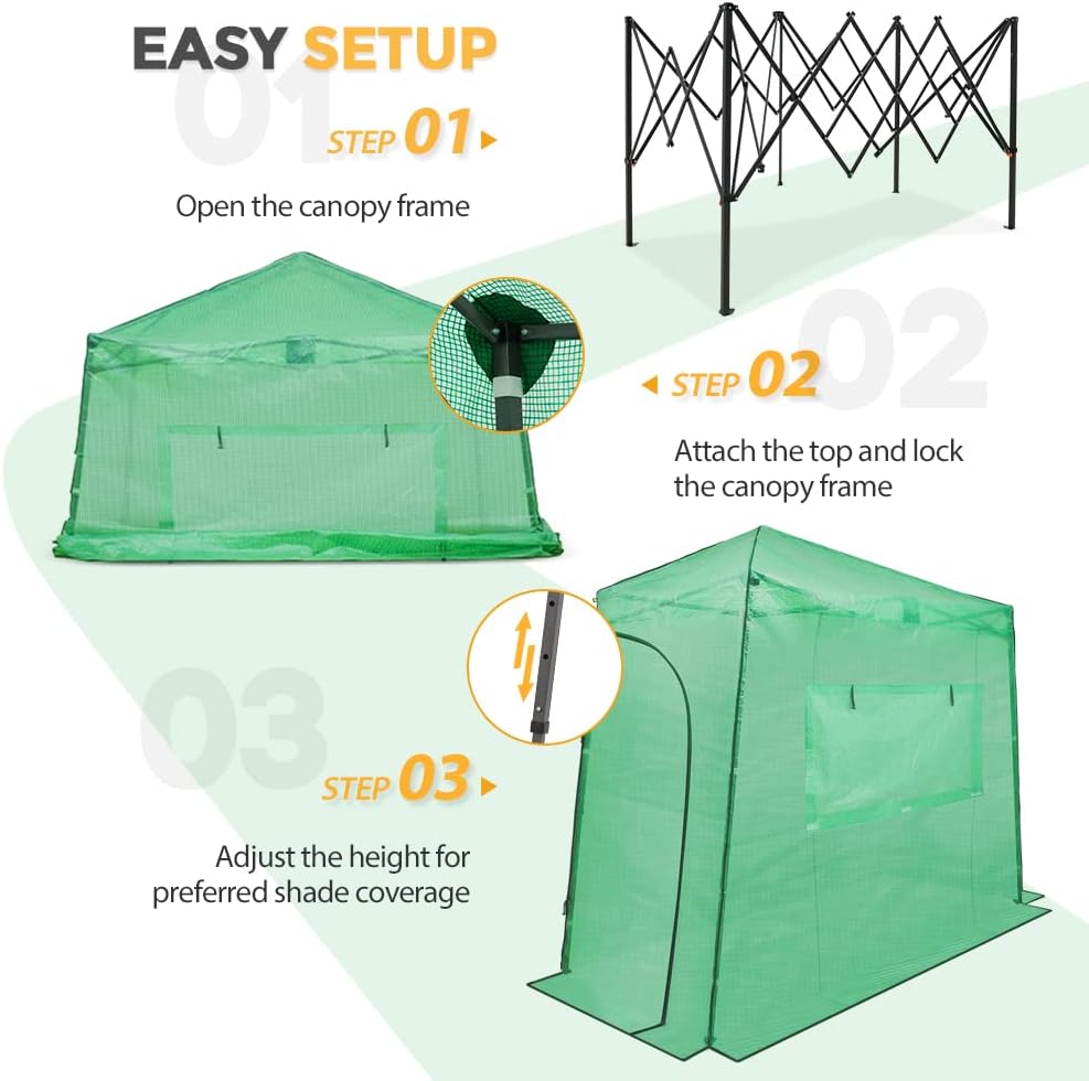 EAGLE PEAK Instant Pop-up Greenhouse, Indoor Outdoor Plant Gardening Green House, Roll-Up Zipper Doors and Side Windows, Lean-to 9x4 ft, PE Cover, Green/Clear
