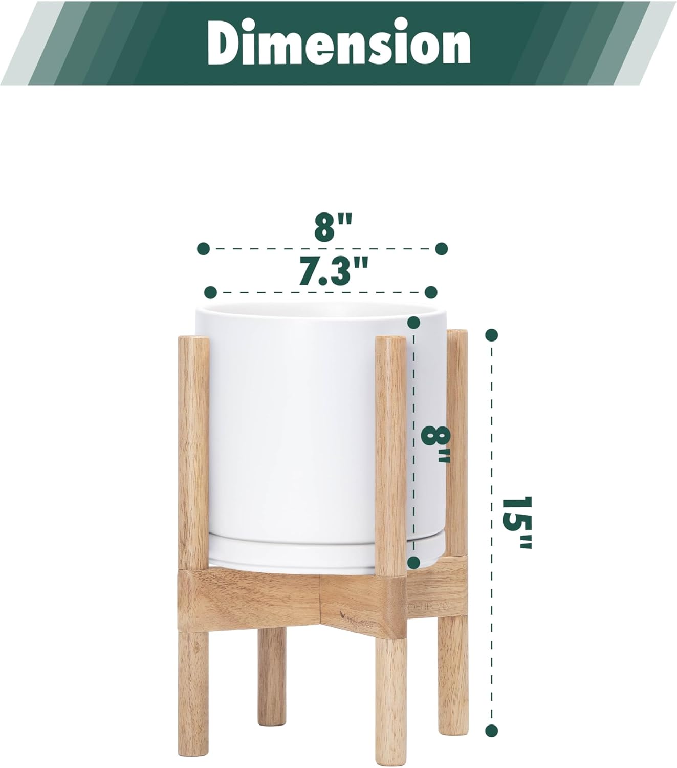 D'vine Dev Ceramic Planter with Natural Stand - 8 Inch Modern Round Flower Pot with Wood Planter Holder, White, 55-B-N-1