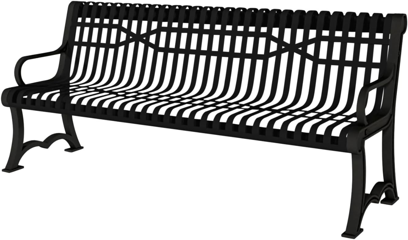 Coated Outdoor Furniture Heavy-Duty Outdoor Bench Thermoplastic Coated, Slatted Steel, Commercial-Grade Garden Bench, Made in America (Portable with Back, 4 Ft, Textured Black)