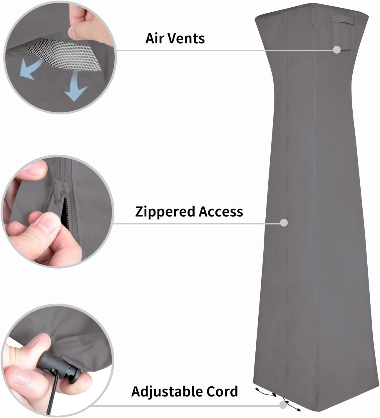 Easy-Going Pyramid Torch Patio Heater Cover with Zipper and Storage Bag, Waterproof Outdoor Heater Cover Dustproof, UV-Resisant, Wind-Resistant (90" H x 23" L x 23" W, Grey)