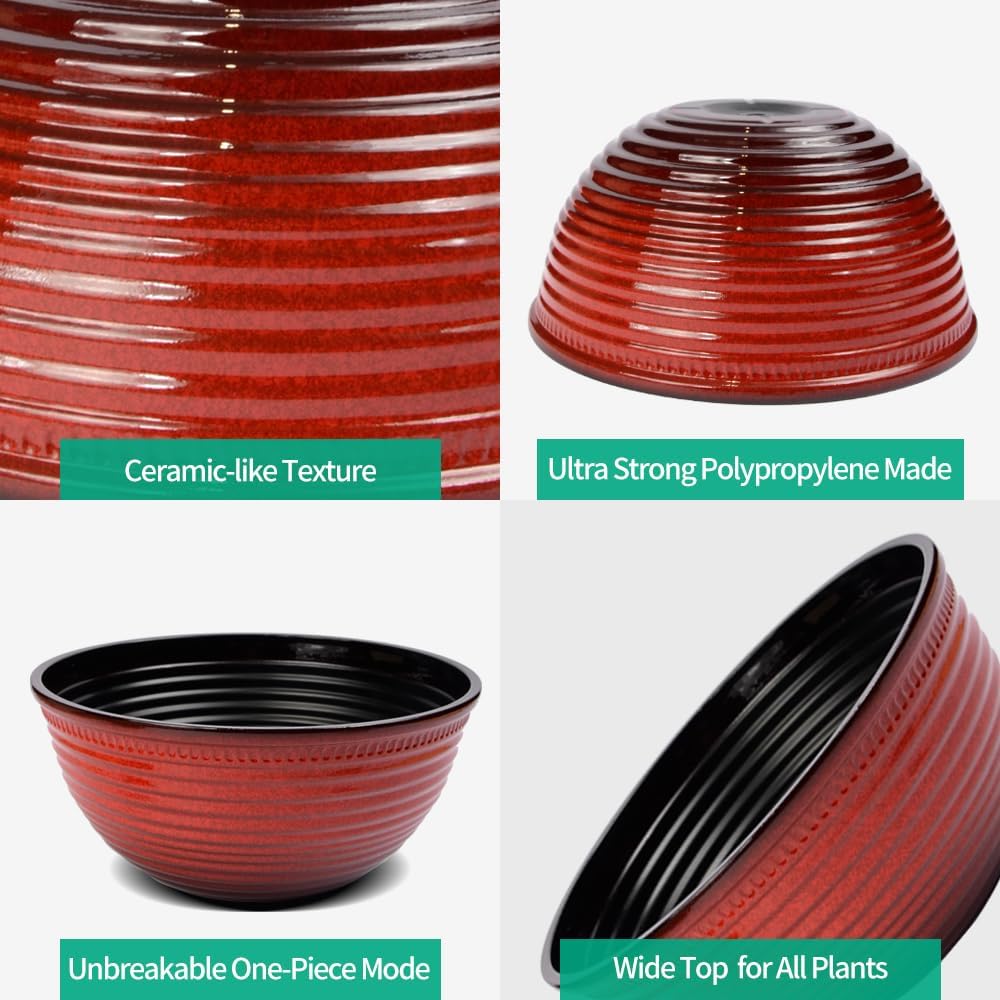 2 Pack 10 Inch Plant Pots,Durable Decorative Flower Pots Planters with Drainage Hole for Indoor and Outdoor Plants,Flowers,Succulents, Red