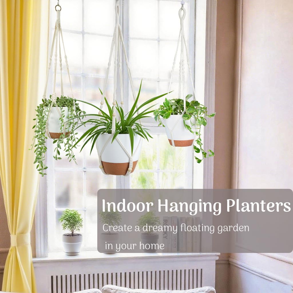 Set of 3 Hanging Planters for Indoor Plants with 10"/8"/7" Self-Watering Hanging Pots, Hanging Plant Pots with Drainage, 3 Different Size Macrame Plant Hangers with Hooks White Large