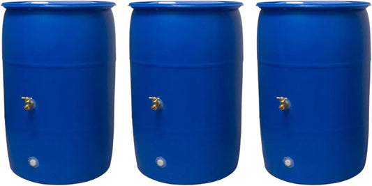 55-Gallon Rain Barrel with Spigot, Blue, Water Collection Container (3 Pack)