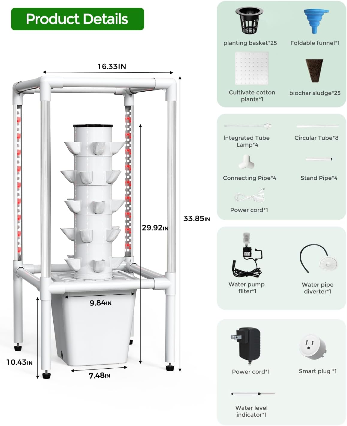 SJZX Hydroponics Growing System, Hydroponic Tower with Full-Spectrum Grow Lights, 5 Tiers Indoor Outdoor Garden Planter, Vertical Home Gardening Germination Kits for Vegetables, Fruits, Herb (25 Pods)