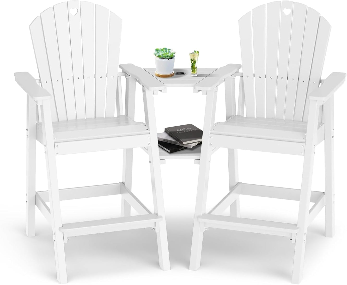 Tall Adirondack Chairs Set of 2-Durable HDPE Outdoor Bar Stools with Double Connecting Tray, Weatherproof Patio Furniture for Poolside, Backyard, Deck & Lawn Relaxation (White)