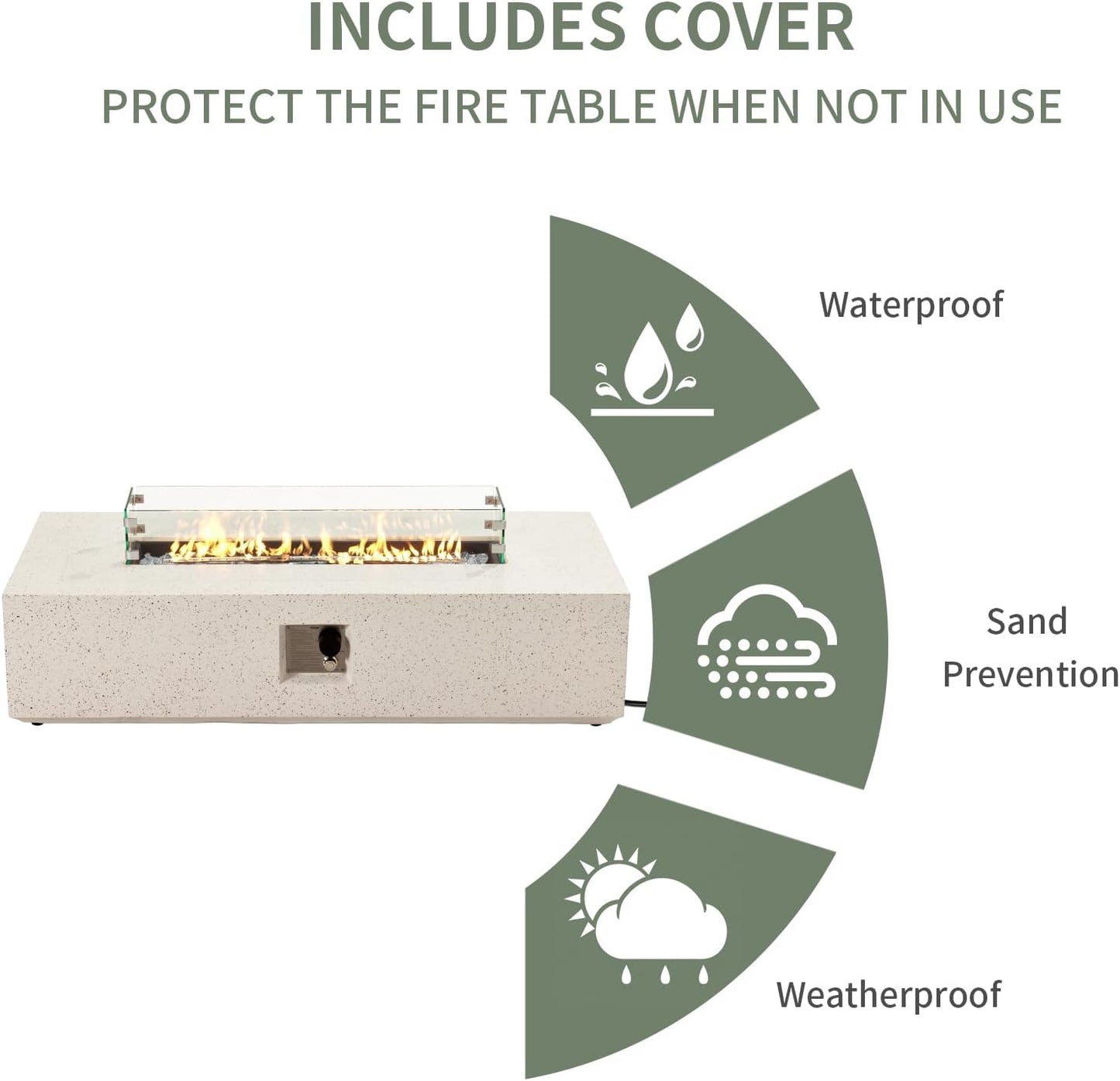 COSIEST Outdoor Propane Fire Pit Table, 56" x 28" Rectangle Terrazzo White Concrete-Like Finish, CSA Certified, 50,000 BTU Stainless Steel Burner w Transparent Gray Fire Glass, Wind Guard, Raincover