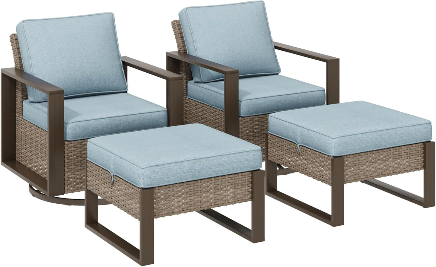 Outdoor Wicker Metal Chairs Set of 2 with Two Ottomans, 360 Degree Glider Rockers Armchairs, 4 Pieces Patio Bistro Set with Wood-Looking Metal Armrest for Poolside, Terrace, Baby Blue