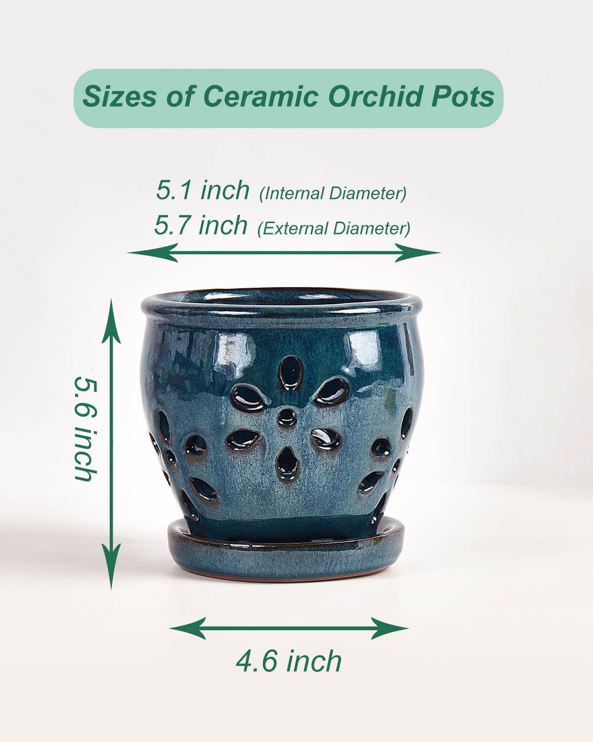 vensovo 5 Inch Ceramic Orchid Pots with Holes and Saucers - 1 Pcs Small Succulent Pot for Repotting, Garden Flowerpots for Plants Indoor and Outdoor Promotes Air Circulation, Blue