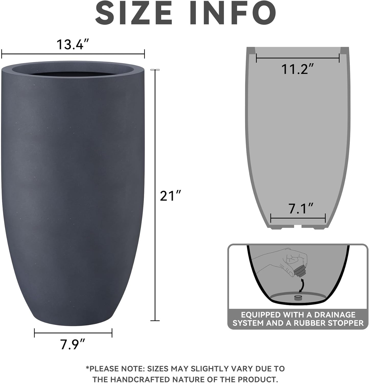 Kante 24 Inch Tall Round Concrete Planter, 2 Pack Large Indoor Outdoor Plant Pots with Drainage Hole and Rubber Plug, Modern Decorative Garden Pots for Home Patio Porch, Charcoal