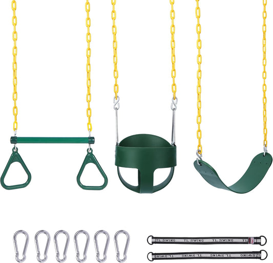 RedSwing Trapeze Swings Bar with Rings, Belt Swing Seat and Bucket Swings Combo Pack (Triangle and Chain Dip) for Kids Outdoor with 57-86" Rope,High Back Toddler Bucket Seat, Green