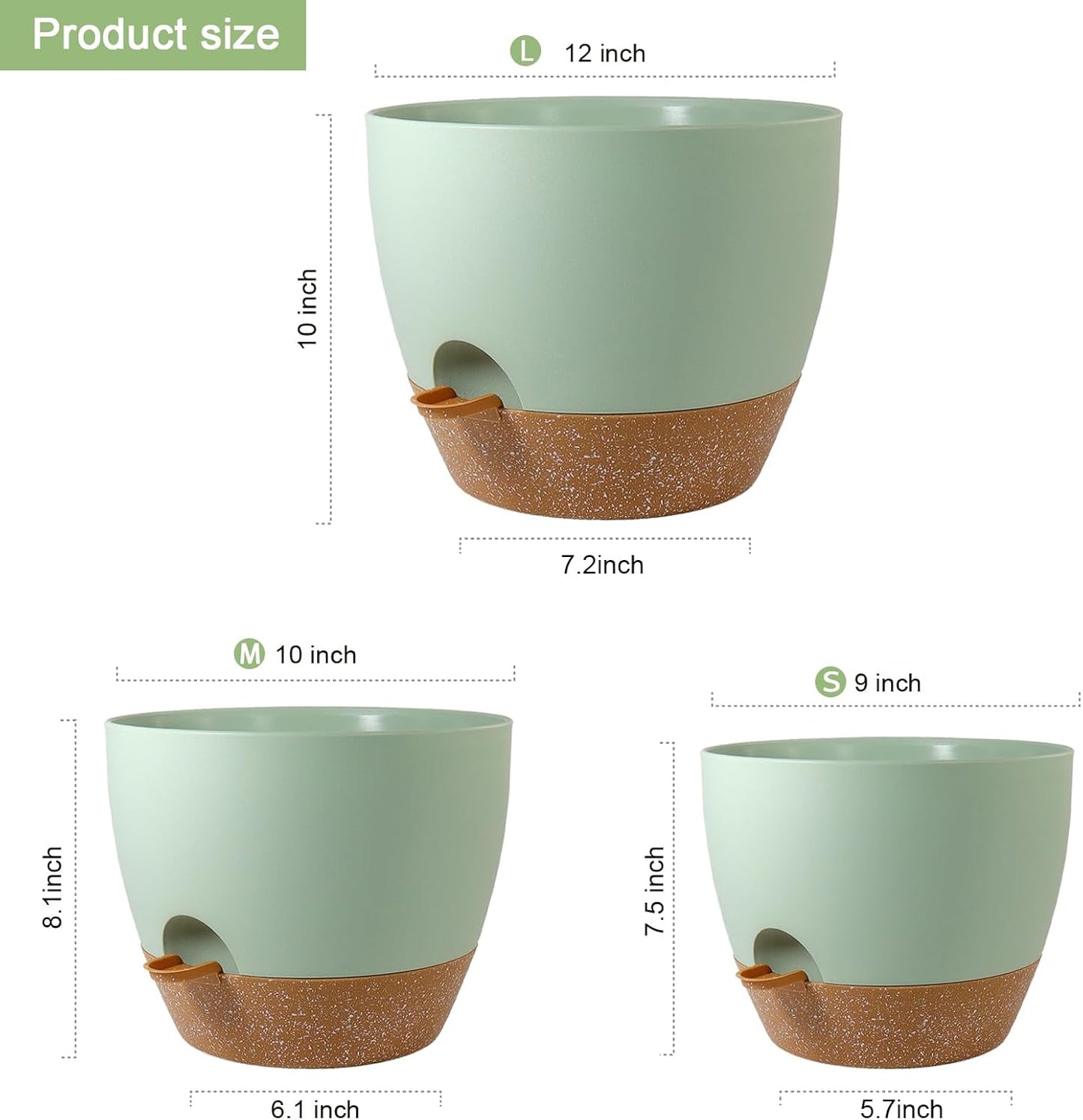 Big Self Watering Pots 12/10/9 inch, Planter, Plant Pots with Mesh Drainage Holes for Indoor Outdoor Garden Plants, Plastic Flower Pots with Removable Deep Reservoir, Green with Brown