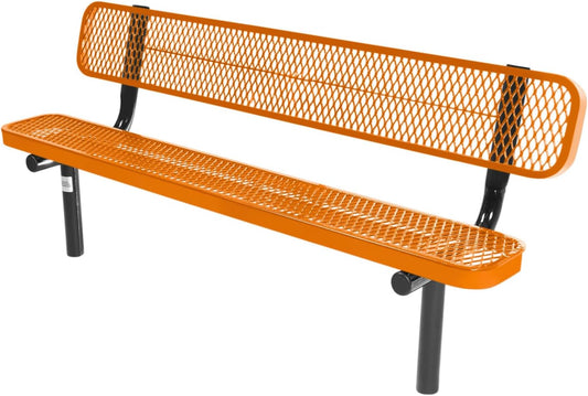 Heavy-Duty Outdoor Bench Thermoplastic Coated, Expanded Metal, Commercial-Grade Seating, Made in America (Inground with Back, 6 Ft, Textured Orange)
