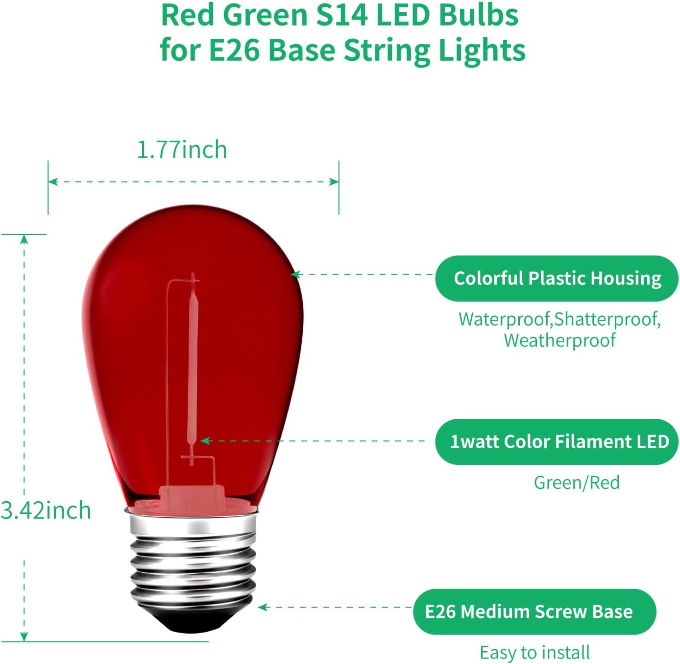 Meconard S14 Colored LED String Light Bulbs,1 Watt Plastic Shatterproof Waterproof Outdoor Indoor Replacement Bulbs for Home Decor, E26 Medium Base, Red Green Light Bulbs, 15Pack