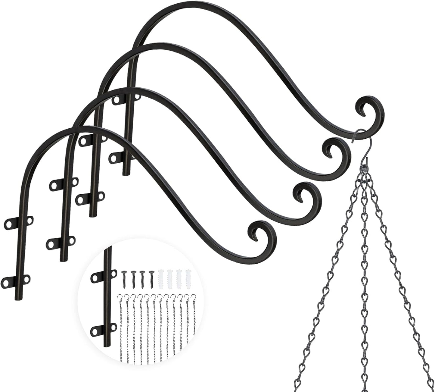 Plant Hangers Outdoor, 4 Pack 12 Inch Plant Hooks with 12 Chains for Wall Metal Plants Hanging Bracket for Bird Feeder, Flower Baskets, Wind Chimes, Lanterns, Indoor Outdoor, Black
