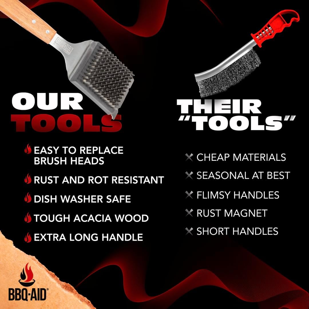 BBQ-Aid Grill Brush and Scraper for Barbecue – Grill Brush for Outdoor Grill with Extended, Large Wooden Handle and Replaceable Stainless Steel Bristles Head –No Scratch- BBQ Grill Brush for Any Grill
