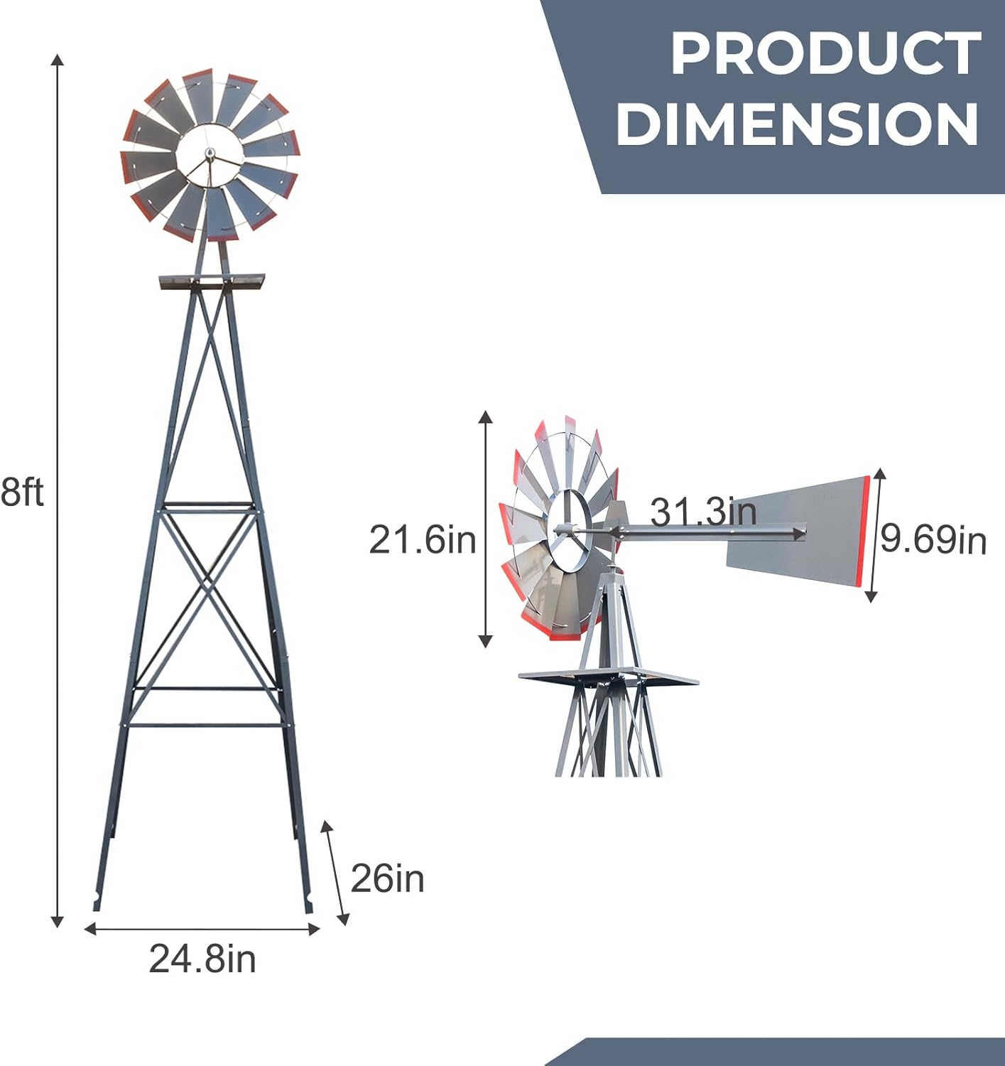 Outvita 8FT Ornamental Windmill, Heavy Duty Durable Metal Weather Vane Garden Decoration Weather Resistant for Garden, Yard, Farm, Seaside (8ft-Gray)