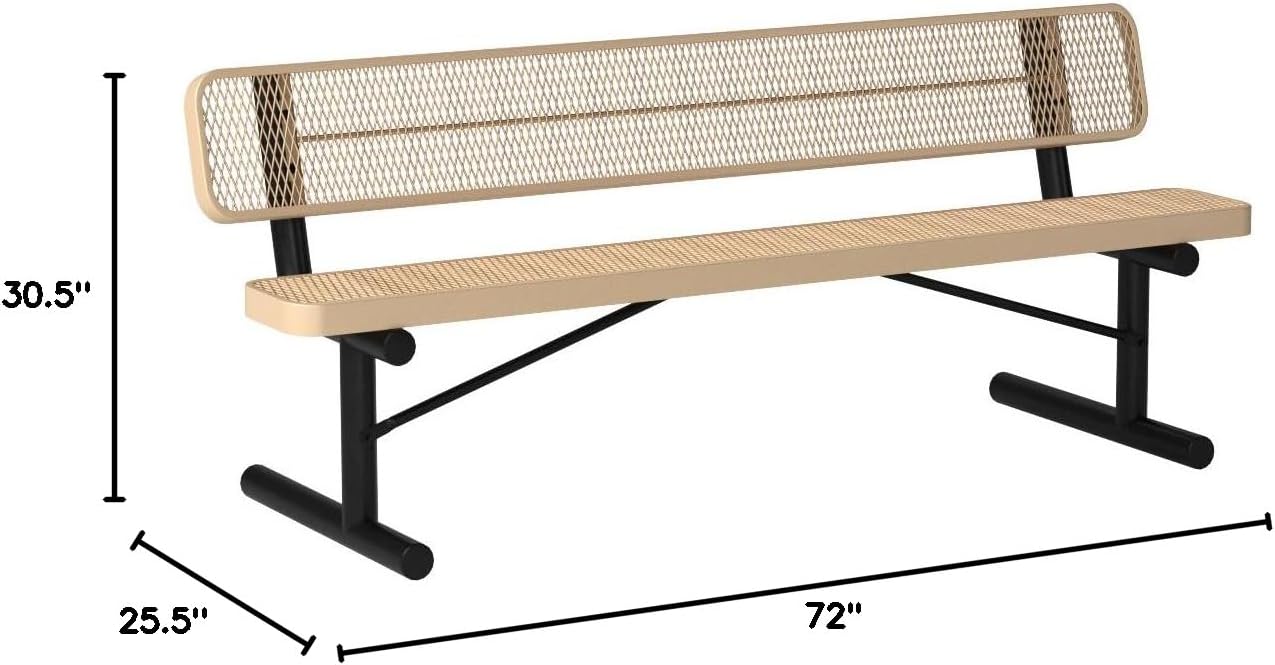 Coated Outdoor Furniture Heavy-Duty Portable Outdoor Bench Thermoplastic Coated, Expanded Metal, Commercial-Grade Seating, Made in America (Portable with Back, 6 Ft, Tan)