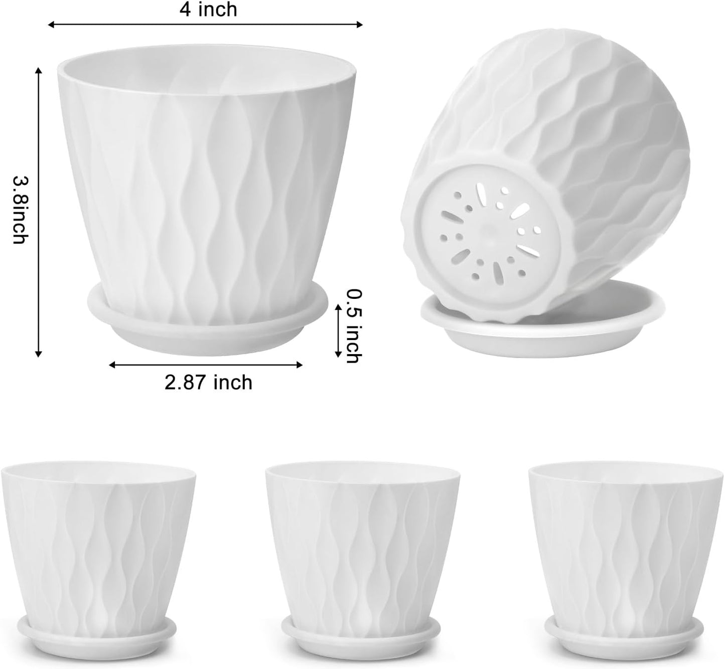 4 inch Plant Pots, 5 Pack Flower Pots Outdoor Indoor, Planters with Drainage Holes and Tray Saucers（White）