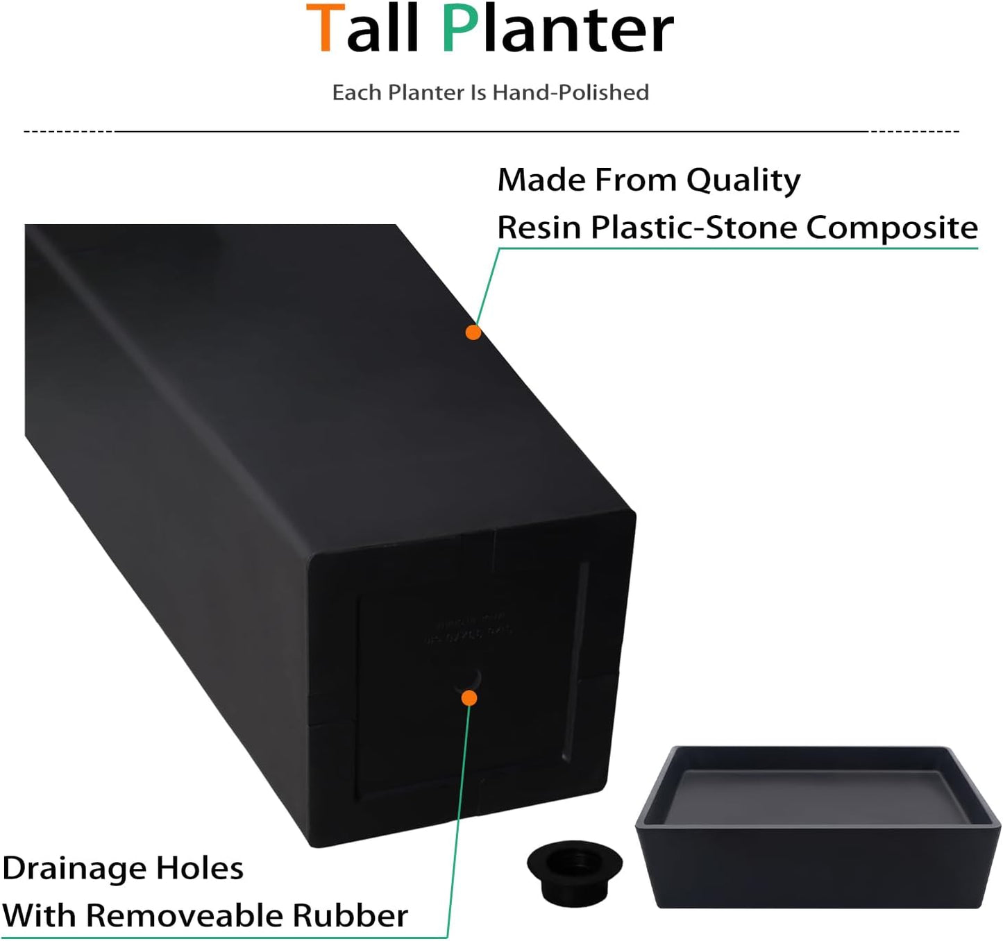 Tall Planters for Outdoor Plants, Large Resin Flower Pots with Saucers for Garden, Front Porch, Patio, Indoor - Set of 2 (Black, 34 inch - 2 Pack)