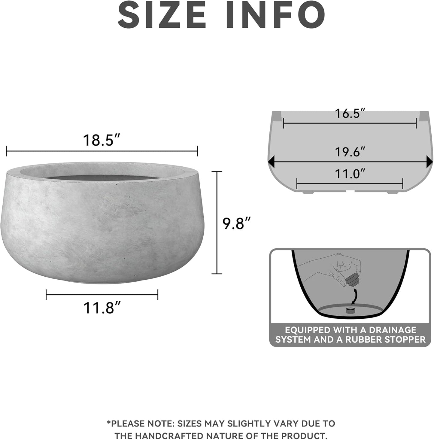 Kante 19.6" Dia Round Concrete Planter, Cement Plant Pots with Drainage Hole and Rubber Plug for Outdoor Indoor Garden Home, Modern Curvaceous Design, Natural Concrete