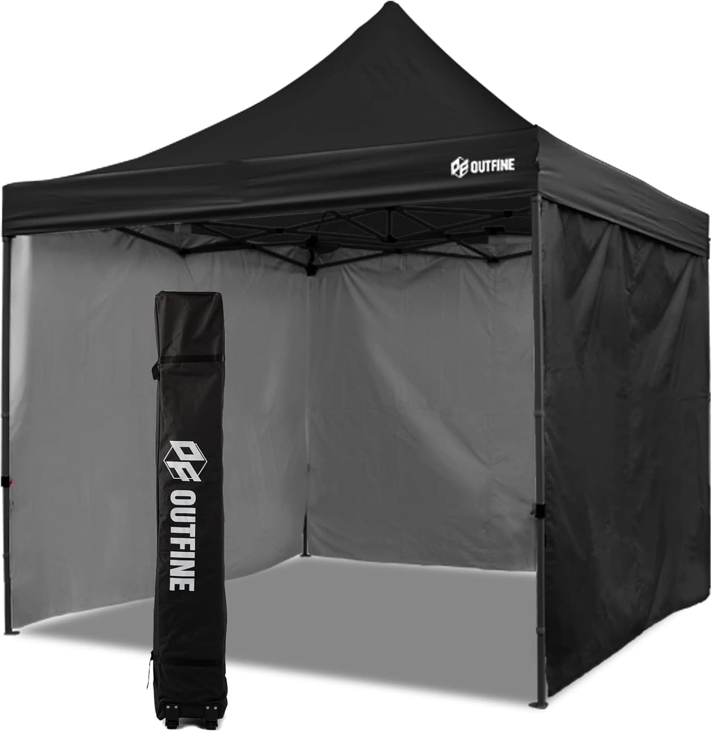 OUTFINE Heavy Duty Canopy 10x10 Pop Up Commercial Canopy Tent with 3 Side Walls Instant Shade, Bonus Upgrade Roller Bag, 4 Weight Bags, Stakes and Ropes (Black, 10 * 10FT)