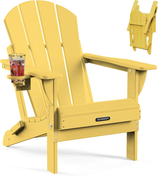 MUCHENGHY Folding Adirondack Chairs, Patio Chairs, Lawn Chairs, Outdoor Chair, Adirondack Chair Plastic, Fire Pit, Weather Resistant with Cup Holder for Deck, Backyard, Garden(Olive Yellow)