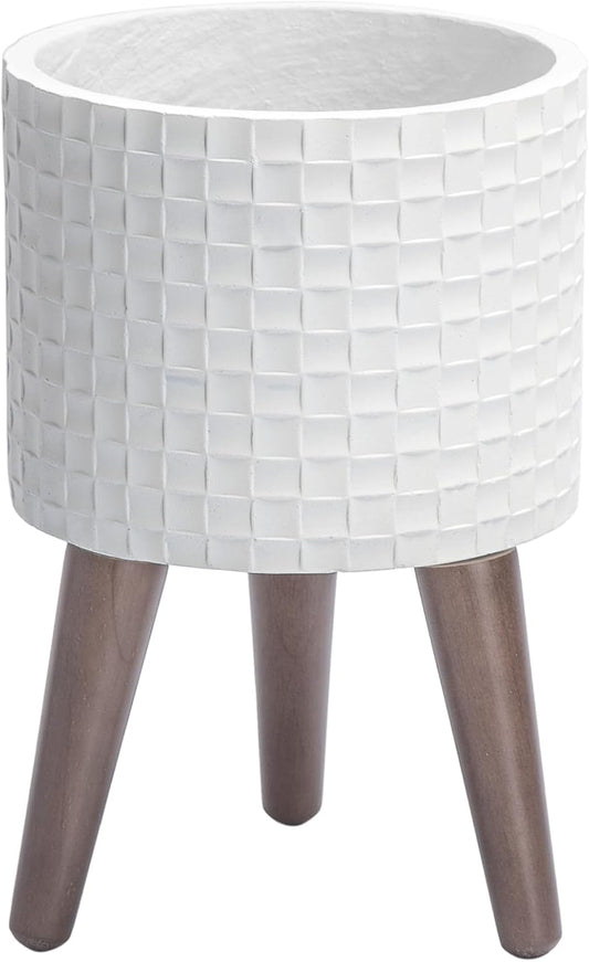 D'vine Dev 8 Inch Modern Geometric Tile Patterned Sleek Planter Pot with Stand, Indoor Outdoor Decorative Plant Holder, Matte White, 88-Z-A-1